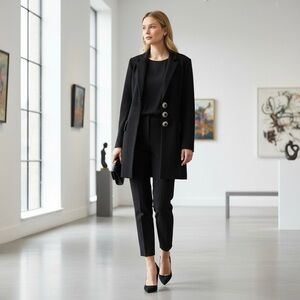 Misook Black Rib Knit Long Blazer Jacket w/ Jeweled Statement Buttons SZ L